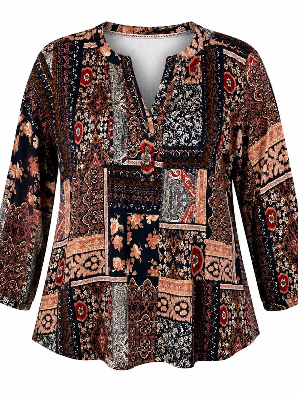 Knox Rose Patchwork V-Neck Tunic in Navy and Rust